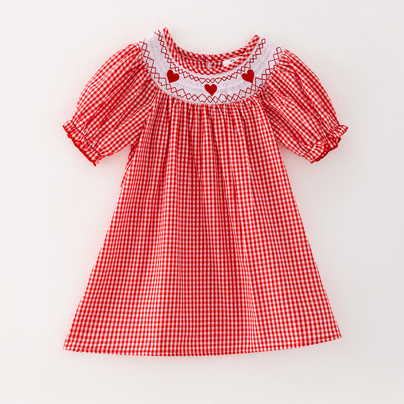 （In Stock L32-4-3）Girls Valentine's Day Embroidery Red Smocked Dress