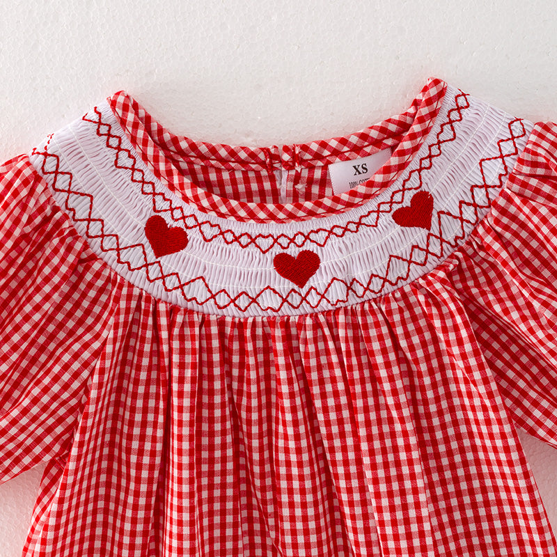 （In Stock L32-4-3）Girls Valentine's Day Embroidery Red Smocked Dress