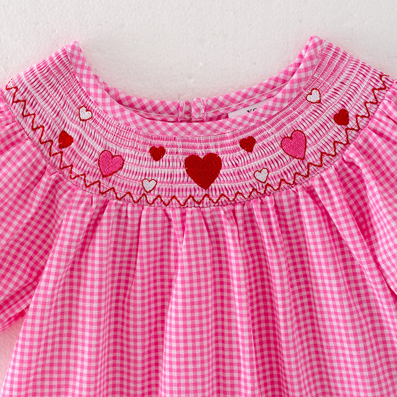 （In Stock L33-4-3）Girls Valentine's Day Embroidery Pink Smocked Dress