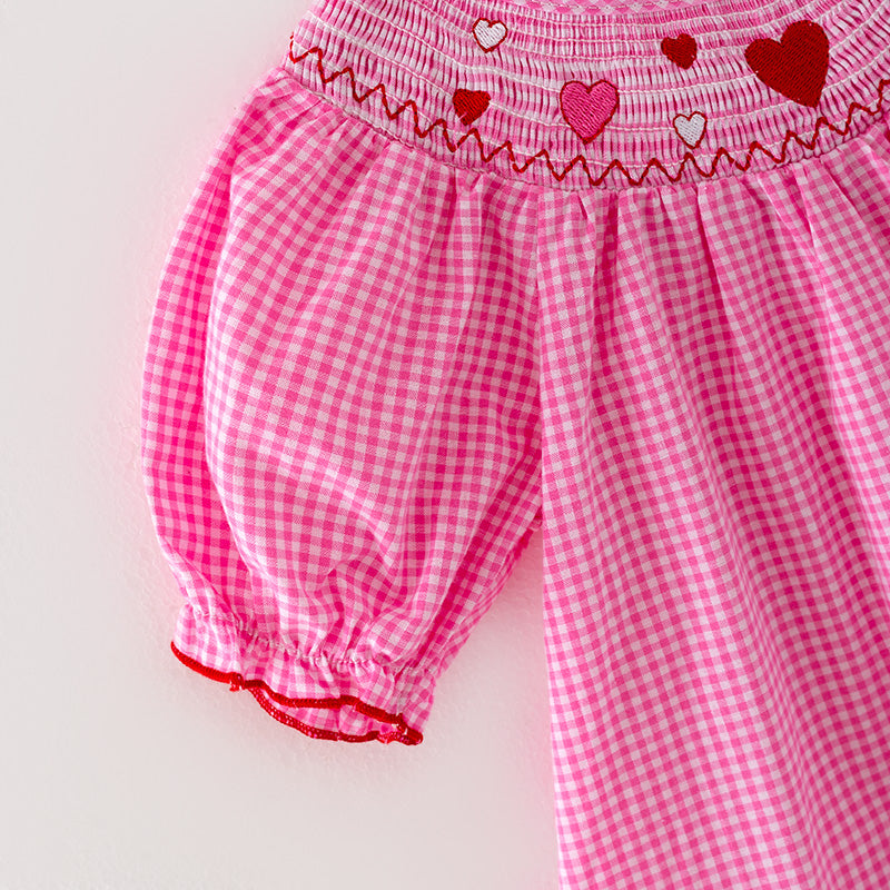 （In Stock L33-4-3）Girls Valentine's Day Embroidery Pink Smocked Dress