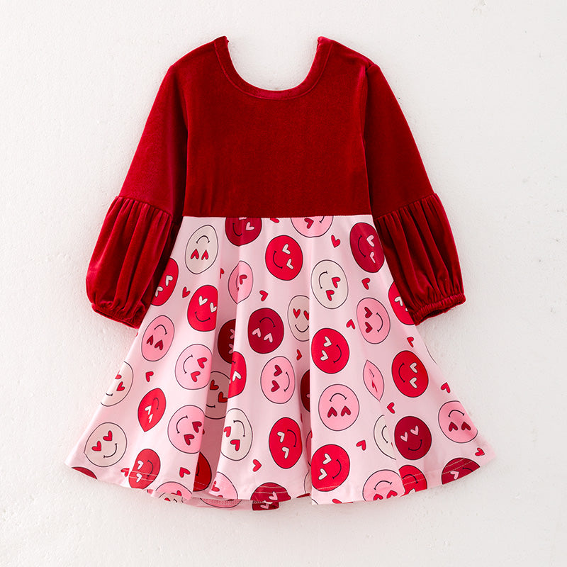 （In Stock G22-4-2）Girls Valentine's Day Print Velvet Dress