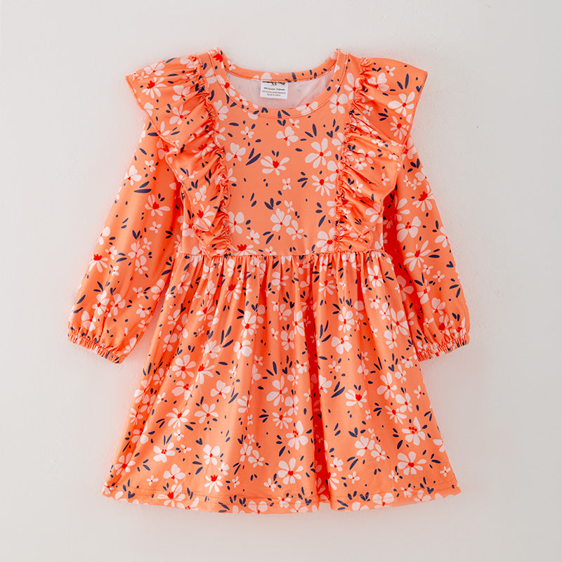 (In Stock G21-04-01)Girls Orange Floral Print Milk Silk Dress