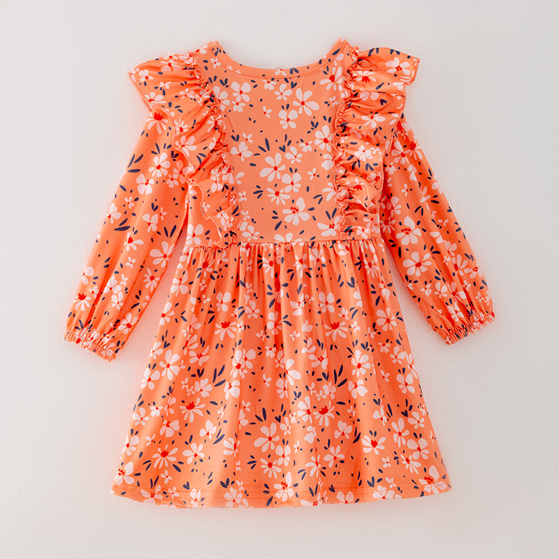 (In Stock G21-04-01)Girls Orange Floral Print Milk Silk Dress