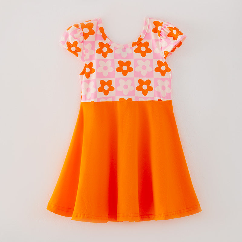 Girls Orange Floral Print Milk Silk Twirl Dress