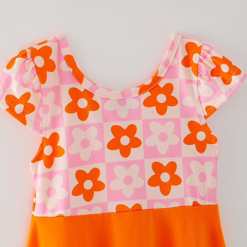 Girls Orange Floral Print Milk Silk Twirl Dress