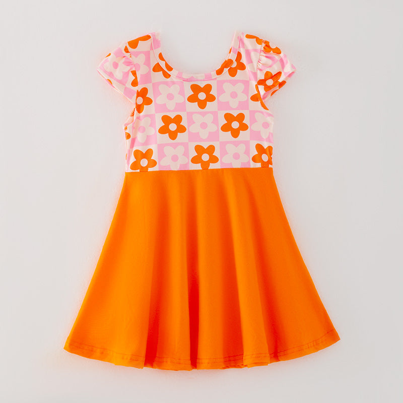 Girls Orange Floral Print Milk Silk Twirl Dress