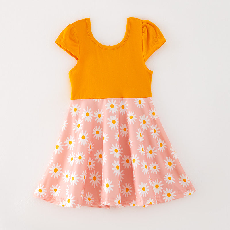 Girls Orange Daisy Print Milk Silk Twirl Dress