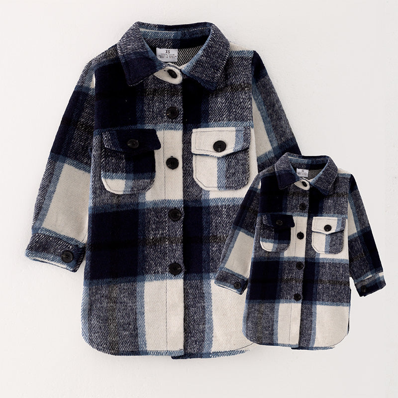 （In Stock L32-1-2）Mommy and Me Fall and Winter Dark Blue Plaid Coat