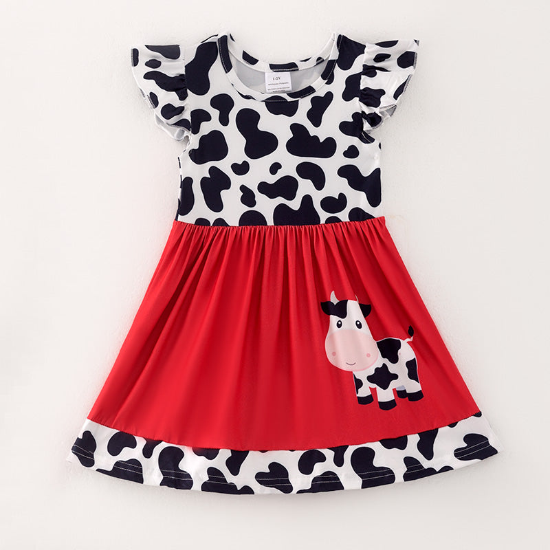 （In Stock L33-3-3）Girls Cow Print Milk Silk Dress