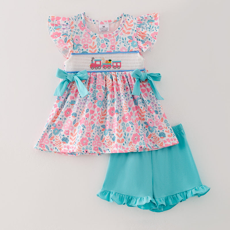 （In Stock E5-4-2）Girls Easter Embroidery Smocked Outfit Set