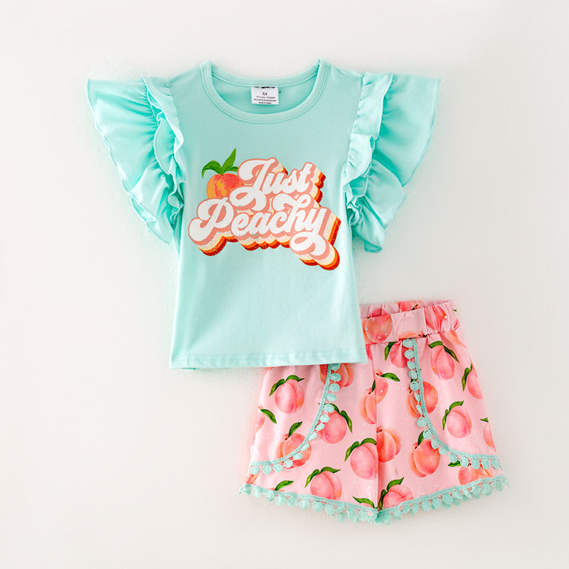 Girls Mint Top Peachy Print Ruffled Short Set