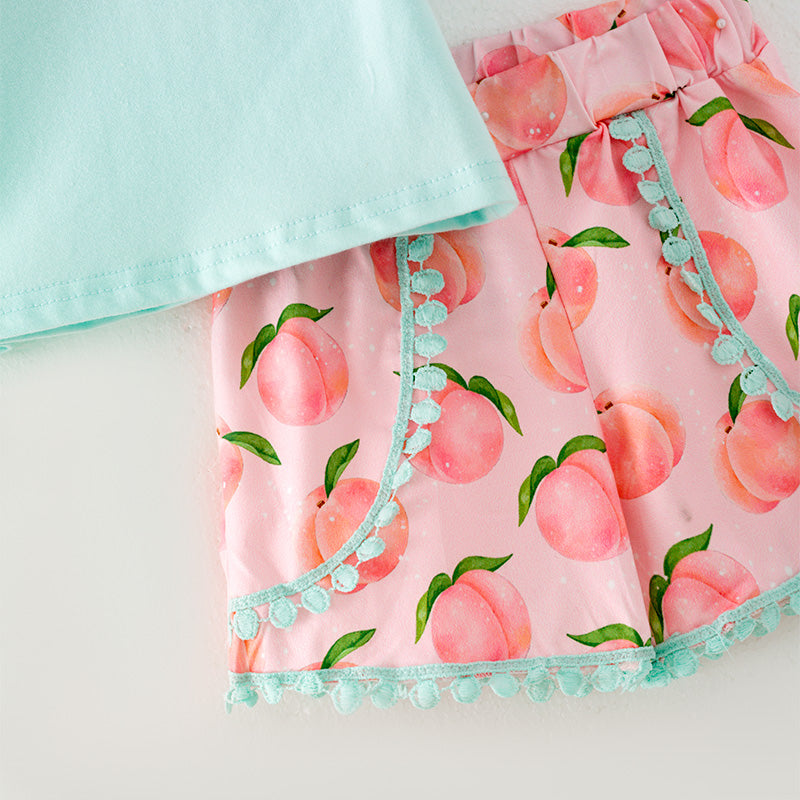 Girls Mint Top Peachy Print Ruffled Short Set