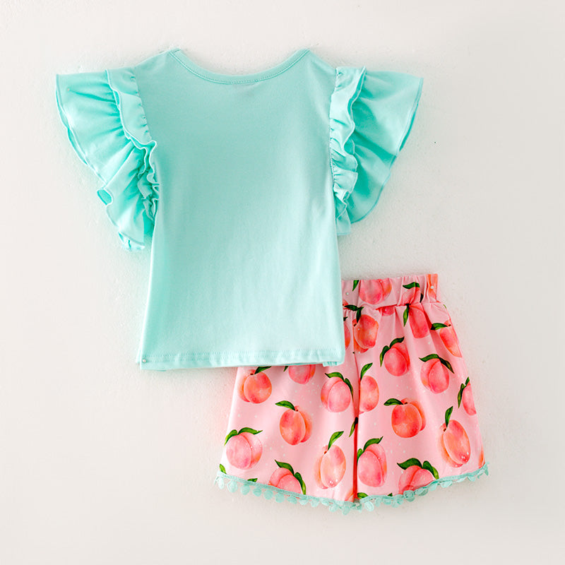 Girls Mint Top Peachy Print Ruffled Short Set