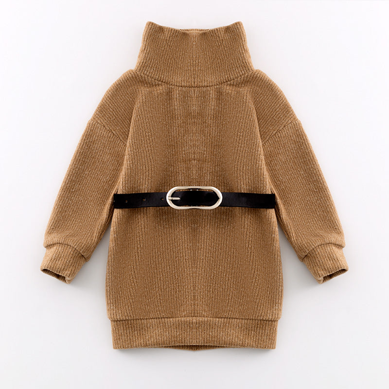 （In Stock L16-3-3）Girls Fall and Winter Turtleneck Sweater Dress with Belt