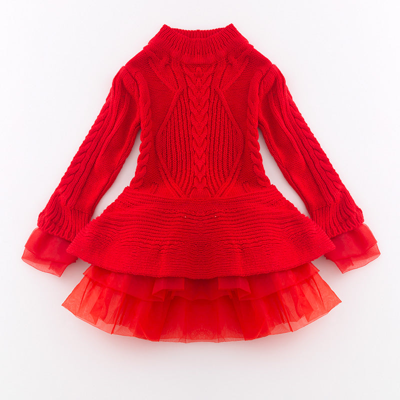 （In Stock L16-3-2）Girls Fall and Winter Red Sweater Dress