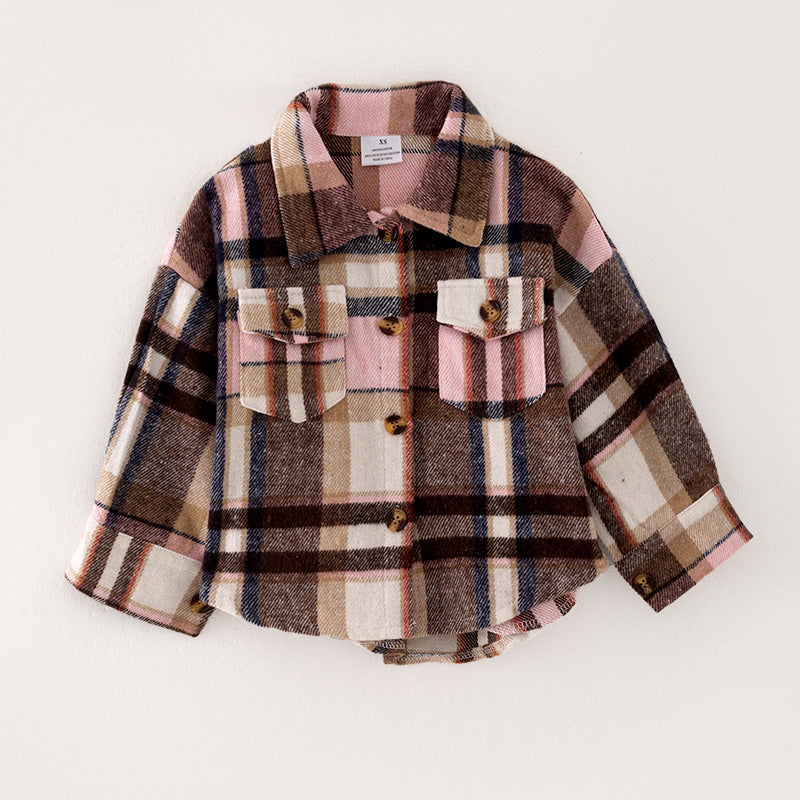 （In Stock Q7-1-2）Girls Fall Pink Plaid Shirt Jacket