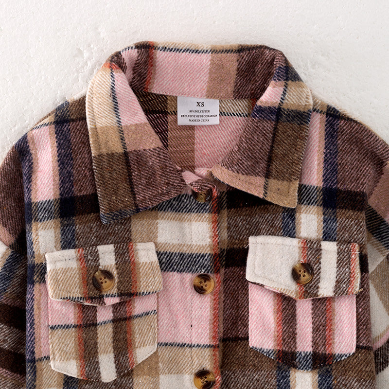 （In Stock Q7-1-2）Girls Fall Pink Plaid Shirt Jacket