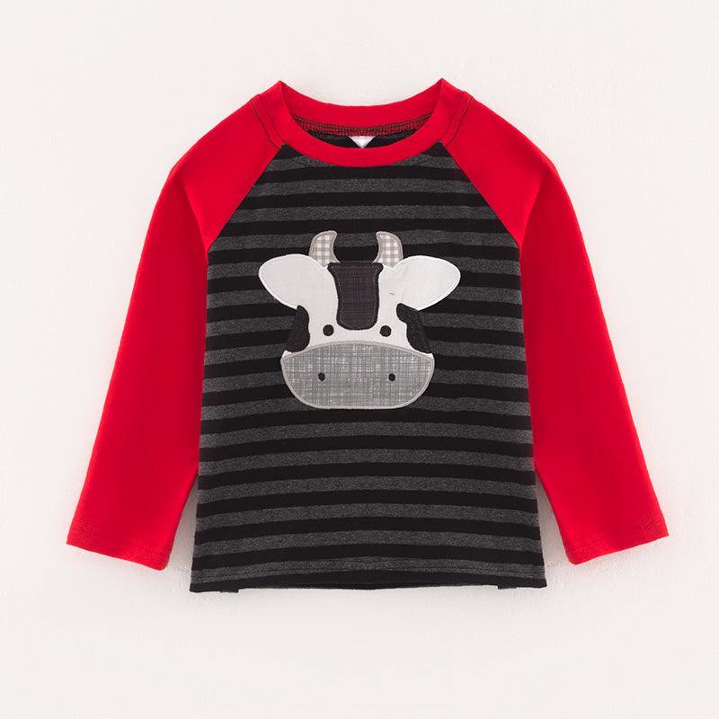 （In Stock Q7-5-2 L19-4-2）Boys Fall Cow Applique Cotton Top