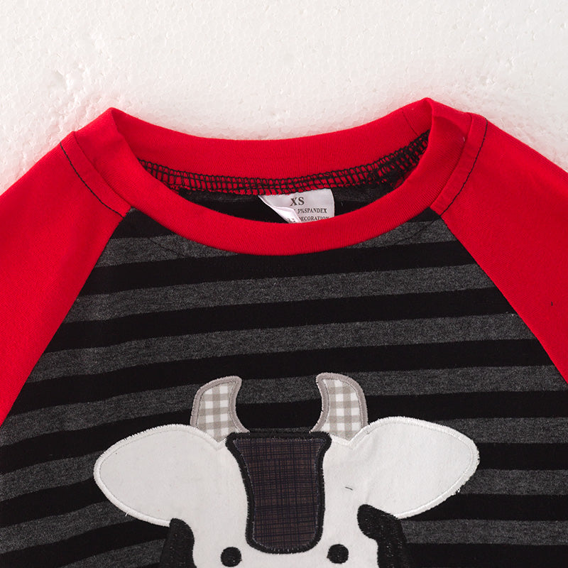 （In Stock Q7-5-2 L19-4-2）Boys Fall Cow Applique Cotton Top