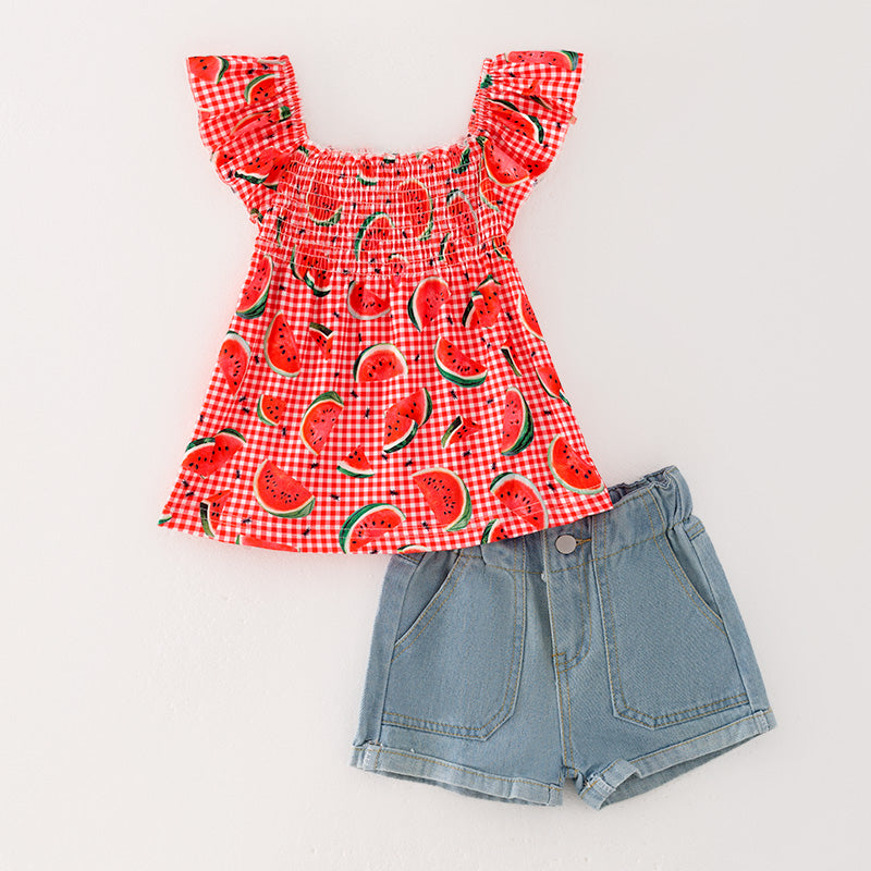 （In Stock E26-5-3）Girls Spring and Summer Watermelon Print Top Denim Short Set