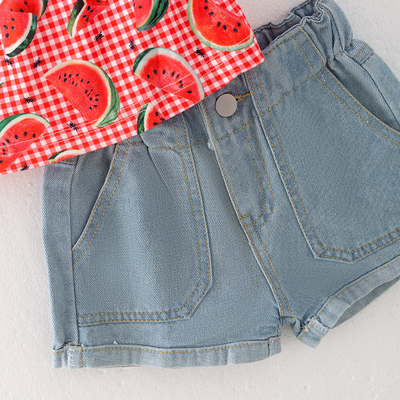 （In Stock E26-5-3）Girls Spring and Summer Watermelon Print Top Denim Short Set