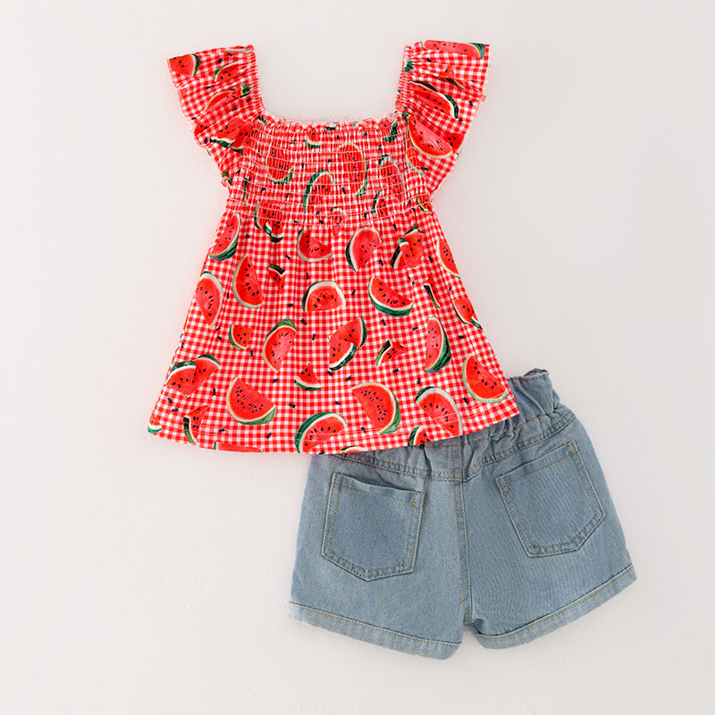 （In Stock E26-5-3）Girls Spring and Summer Watermelon Print Top Denim Short Set