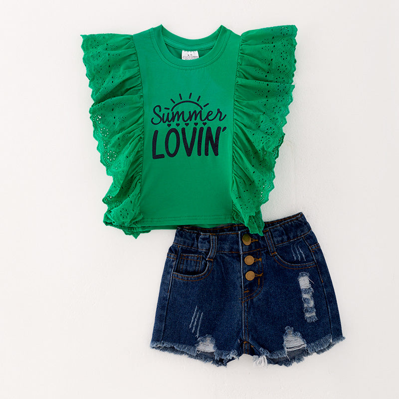 （In Stock E26-4-3）Girls Spring and Summer Print Denim Short Set