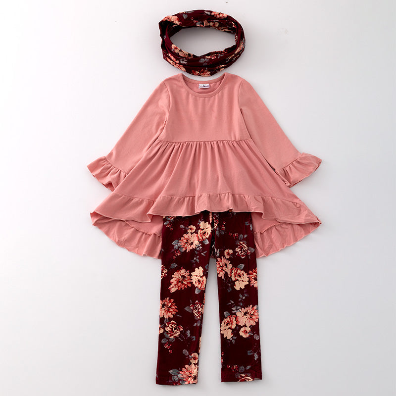 （In Stock G23-4-2）Girls Fall Floral Print Outfit Set