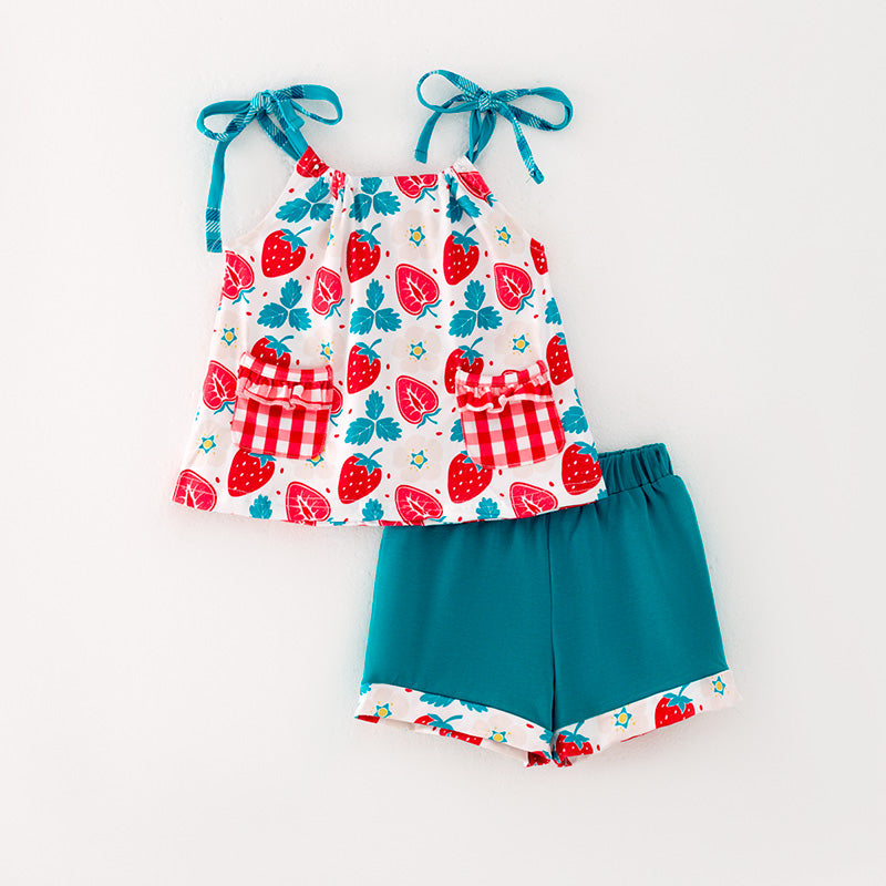 （In Stock L06-01-02）Girls Strawberry Print Short Set