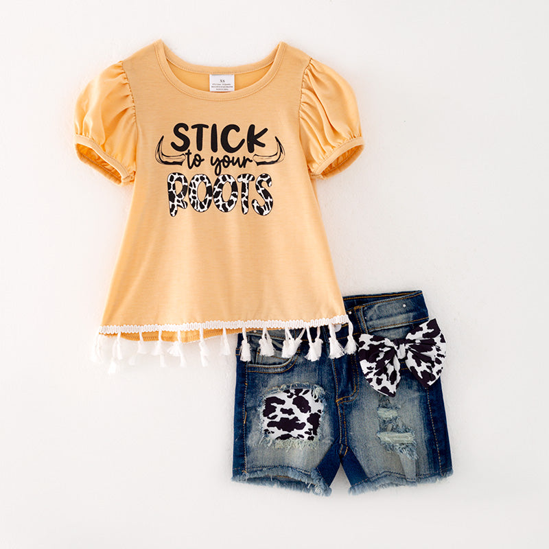 （In Stock L13-03-03）Girls Yellow Top Denim Short Set