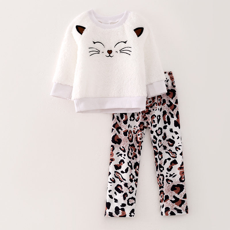 （In Stock L29-3-3）Girls Fall Kitty Embroidery Fleece Outfit Set