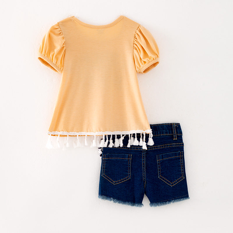 （In Stock L13-03-03）Girls Yellow Top Denim Short Set