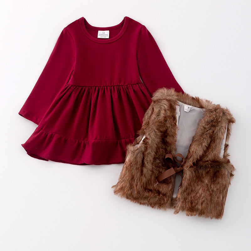 （In Stock G21-2-1）Girls Fall Fuchsia Cotton Dress with Faux Fur Vest