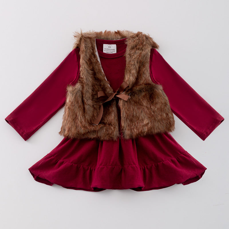 （In Stock G21-2-1）Girls Fall Fuchsia Cotton Dress with Faux Fur Vest