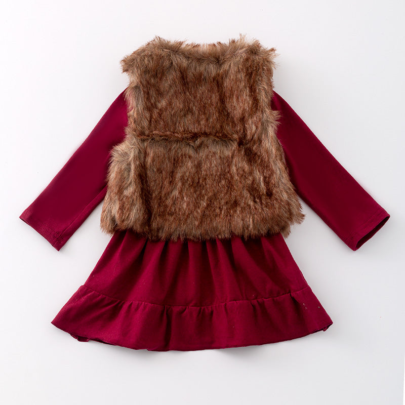 （In Stock G21-2-1）Girls Fall Fuchsia Cotton Dress with Faux Fur Vest