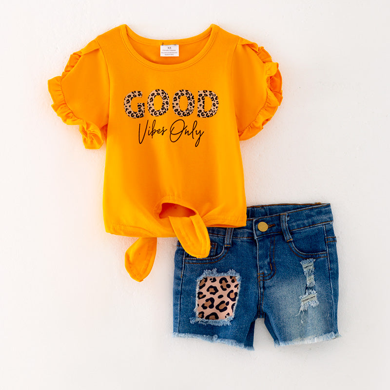 （In Stock L06-01-02）Girls Orange Top Denim Short Set