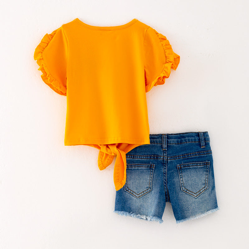 （In Stock L06-01-02）Girls Orange Top Denim Short Set