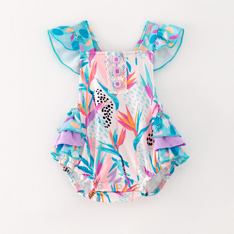 （In Stock L06-01-02）Baby Girls Cyan Print Ruffled Romper