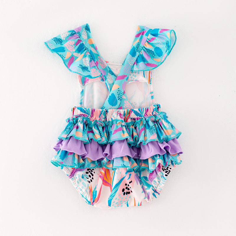 （In Stock L06-01-02）Baby Girls Cyan Print Ruffled Romper