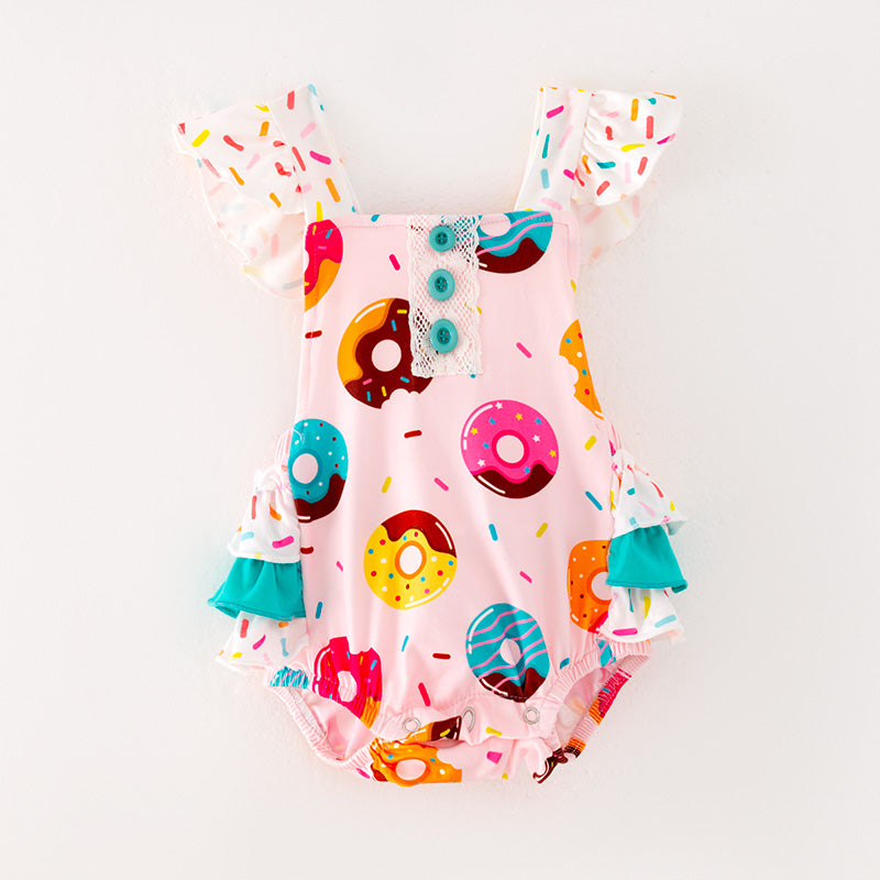 （In Stock L05-01-01）Baby Girls Donut Print Ruffled Romper