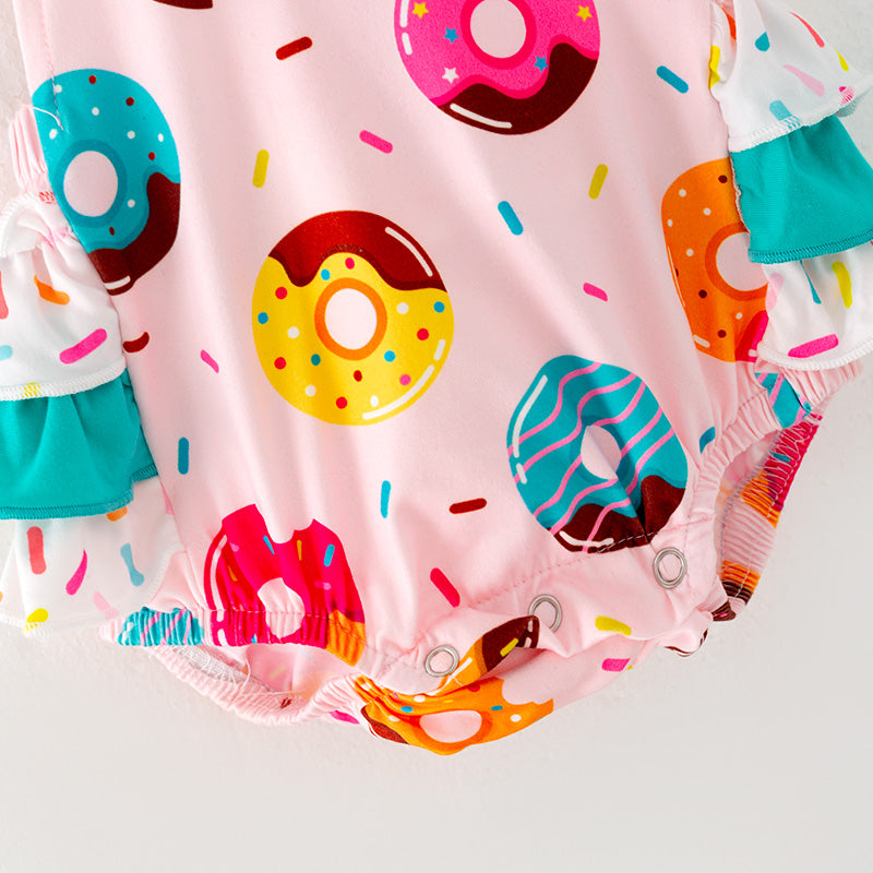 （In Stock L05-01-01）Baby Girls Donut Print Ruffled Romper