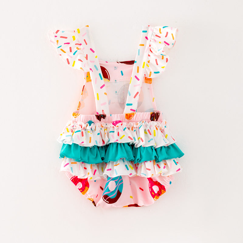 （In Stock L05-01-01）Baby Girls Donut Print Ruffled Romper