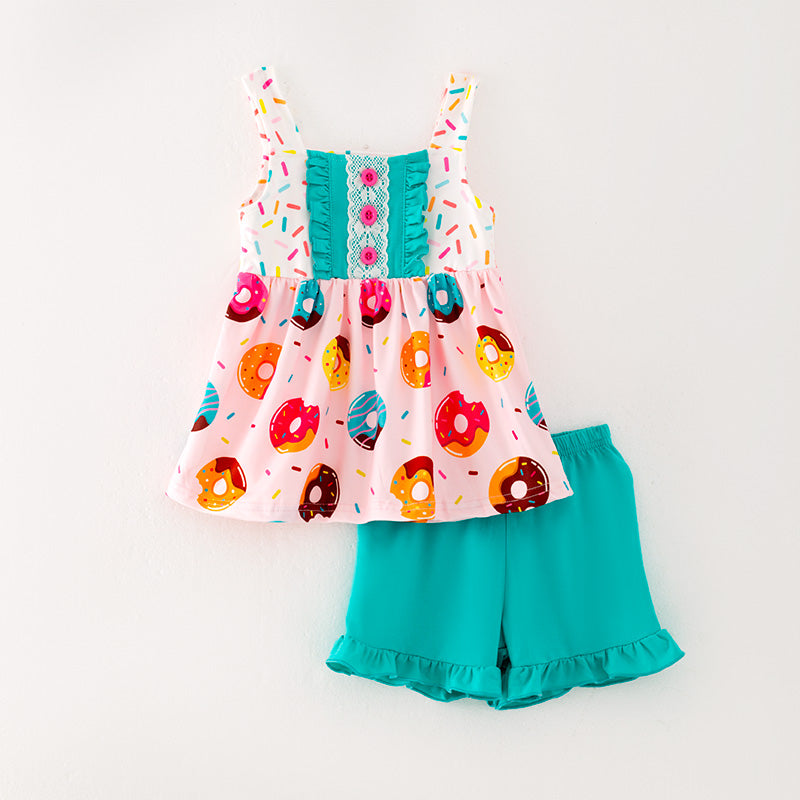 （In Stock L05-02-02）Baby Girls Donut Print Top Short Set