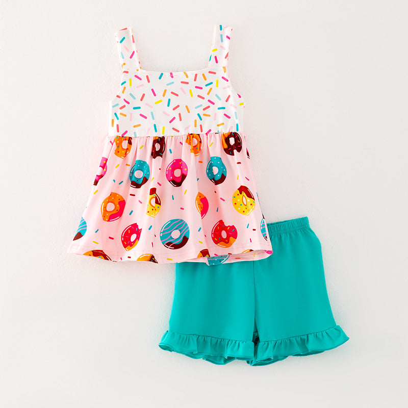 （In Stock L05-02-02）Baby Girls Donut Print Top Short Set