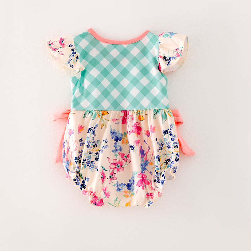 （In Stock L11-05-03）Baby Girls Green Plaid Floral Print Romper