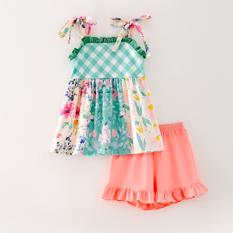 （In Stock L10-02-03）Girls Green Plaid Floral Print Short Set