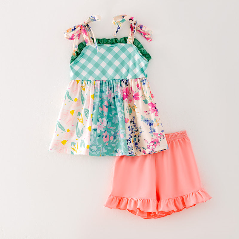 （In Stock L10-02-03）Girls Green Plaid Floral Print Short Set