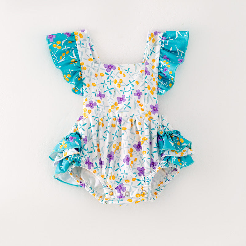 （In Stock L05-03-01）Baby Girls Turquoise Floral Print Romper