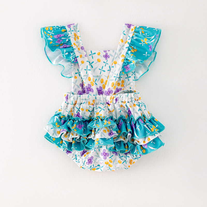 （In Stock L05-03-01）Baby Girls Turquoise Floral Print Romper