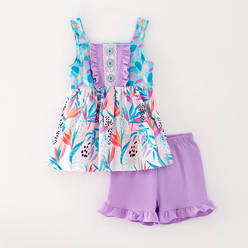 （In Stock L06-01-02）Girls Cyan Print Top Ruffled Short Set